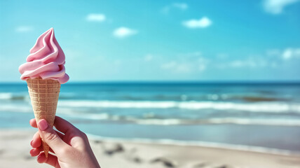 A hand is holding an ice cream cone on a blue sky and sea beach background.