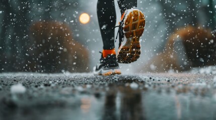 A close-up shot of a runner's feet pounding the pavement, kicking up a light flurry of snow - obrazy, fototapety, plakaty