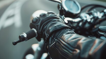 A close-up shot of a rider's gloved hand gripping the handlebars