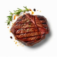 Grilled beef steak seasoned with herbs and peppercorns on a white background.