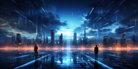 Fototapeta premium Two People Standing in Front of City at Night Generative AI