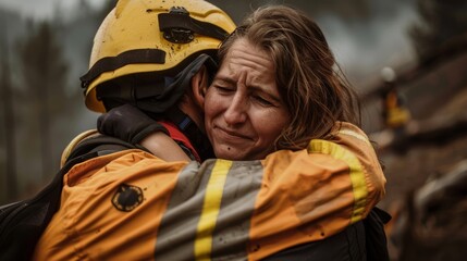 A family member embracing a rescuer in gratitude after their loved one is brought back to safety