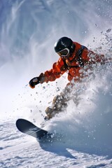 A full-length photo of a snowboarder carving a turn on a slope, a spray of snow blurring their path.