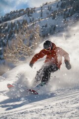 A full-length photo of a snowboarder carving a turn on a slope, a spray of snow blurring their path.