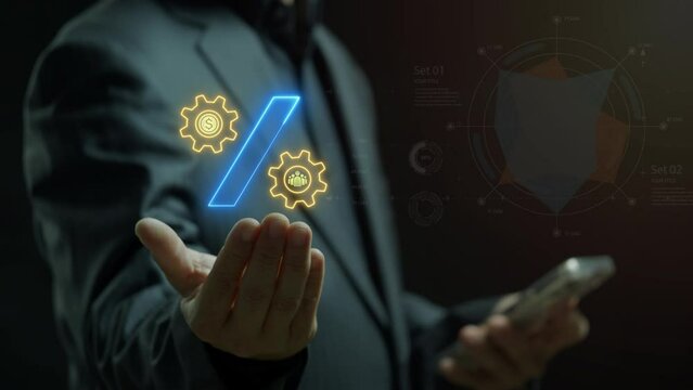 Profit high growth percent icon, stocks, financial, ranking, mortgage rates, Interest rate and dividend concept. Businessman showing animation of dollar sign inside gear with percentage icon.
