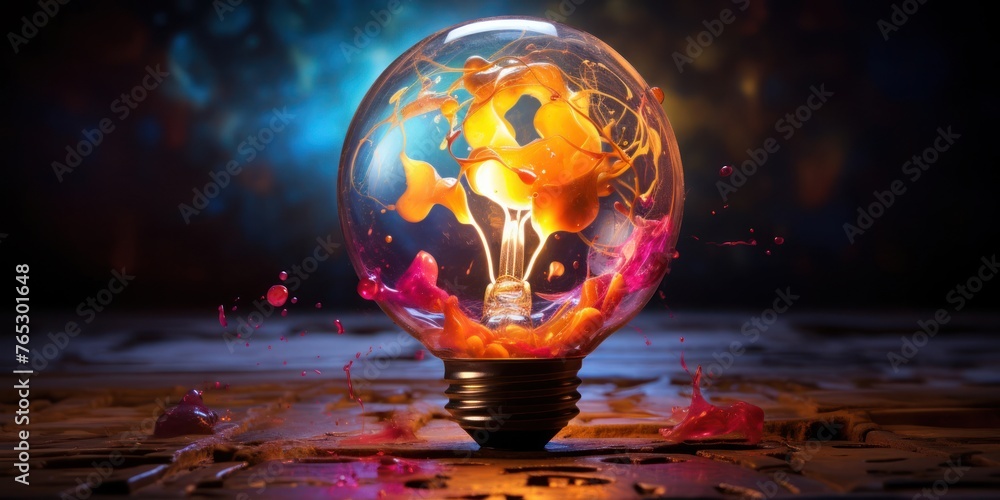 Poster illuminated light bulb with colorful glow generative ai