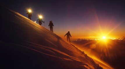A team of climbers silhouetted against a sunrise, their headlamps illuminating their path as they ascend a snowy peak 