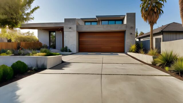 Front of a modern design house made of wood and concrete, located in a quiet residential area, captured in bright daylight.
