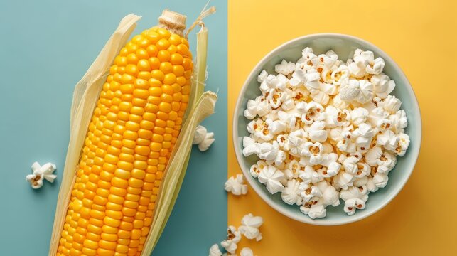 A split-screen image showcasing a raw corn cob on one side and a bowl of fluffy popcorn on the other. The image visually highlights the magical transformation from a humble seed to a delightful snack 