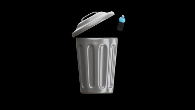 3D Animation of Trash Can With Papers and Bottles Thrown In | Alpha Channel