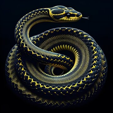 Elegantly coiled snake with black and yellow head on a dark background.