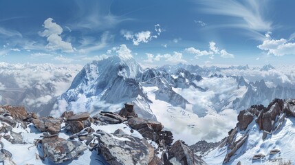 A view from the summit, showcasing a breathtaking 360-degree panorama of snow-covered mountains and glaciers
