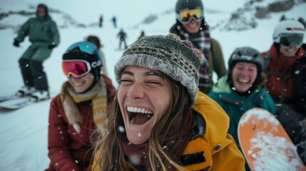 A woman snowboarder laughing with her friends amidst a group portrait on a snowy mountain vacation 