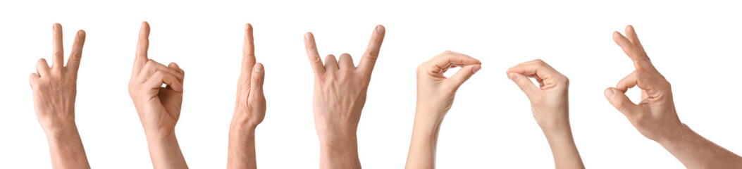 Set of hands using sign language on white background