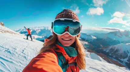 Fototapeta na wymiar A woman snowboarder taking a selfie on top of a mountain, capturing the panoramic vista behind her 