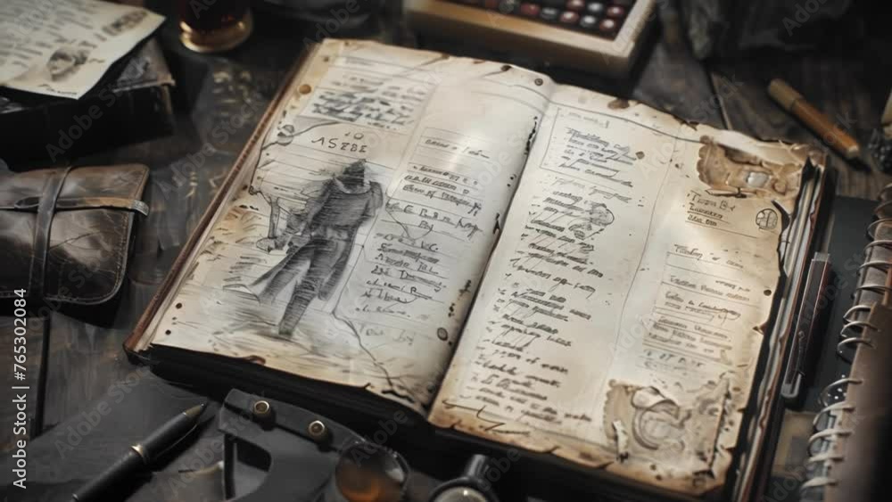Poster a players notebook filled with detailed notes and sketches of their character and their journey show