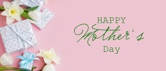 Greeting banner for Mother's Day with gift boxes and beautiful flowers on pink background