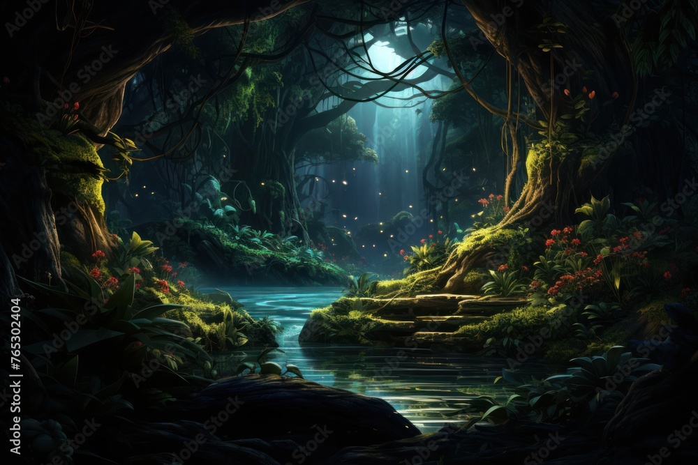Poster dark forest with stream generative ai