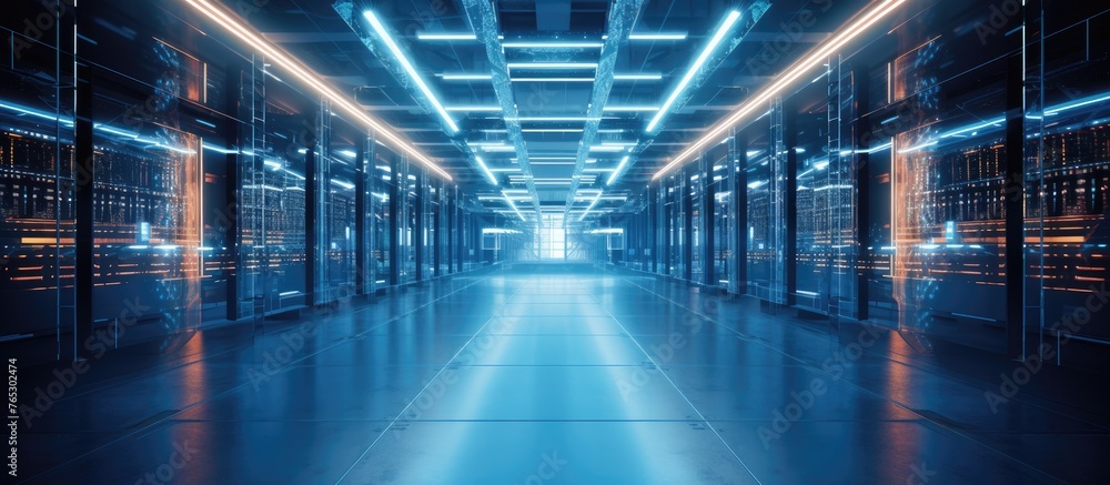 Poster the hallway in the data center is filled with rows of servers and bright electric blue lighting. the