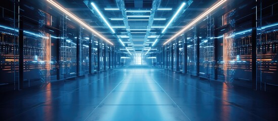 The hallway in the data center is filled with rows of servers and bright electric blue lighting. The flooring is tiled, and the glass windows create symmetry in the parallel fixtures - obrazy, fototapety, plakaty