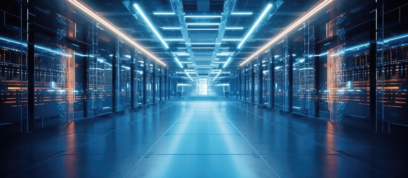 The hallway in the data center is filled with rows of servers and bright electric blue lighting. The flooring is tiled, and the glass windows create symmetry in the parallel fixtures
