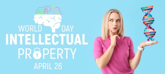 Banner for World Intellectual Property Day with thoughtful woman with molecular model of DNA