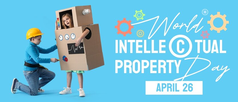 Banner for World Intellectual Property Day with little children and cardboard costume