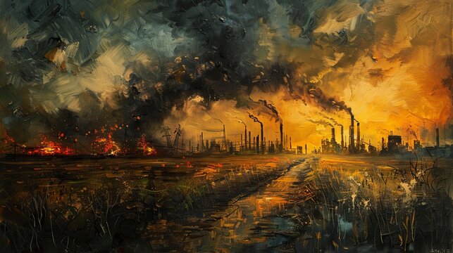Dynamic acrylic painting concept portraying the environmental crisis of global warming influenced by iconic artistic styles.