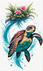 Majestic sea turtle gracefully swimming in ocean depths, surrounded by tranquil beauty of delicate lotus flower. For Tshirt design, posters, postcards, merchandise with marine theme, childrens books.