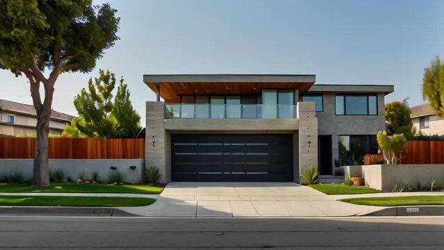 Front of a modern design house made of wood and concrete, located in a quiet residential area, captured in bright daylight.
