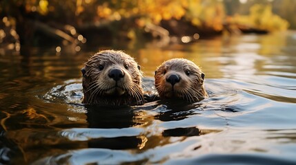 Enchanting Otter Duo: Playfully Drifting Hand in Hand through Aquatic Serenity, Embracing Whimsy and Grace in Nature's Liquid Realm