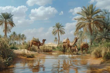 A desert oasis where mirages turn into real creatures like camels with water flowing from their humps