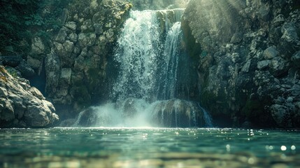 A majestic waterfall cascading into a clear pool symbolizing power - obrazy, fototapety, plakaty
