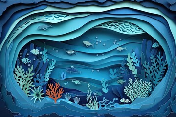 A paper cut ocean scene with waves marine life - obrazy, fototapety, plakaty