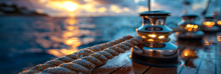 Ropes Wrapped Around a Winch on the Deck of a Ship,
Closeup  of the ship wires with the sea
 - obrazy, fototapety, plakaty