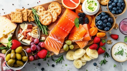A smoked salmon charcuterie board featuring a variety of cheeses - obrazy, fototapety, plakaty