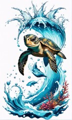 Majestic sea turtle gracefully swimming in ocean depths, surrounded by tranquil beauty of delicate lotus flower. For Tshirt design, posters, postcards, merchandise with marine theme, childrens books.