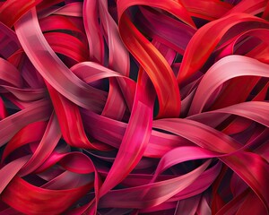 An abstract background of intertwining red and pink ribbons representing the complexity and depth of love