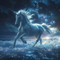 Obraz na płótnie Canvas Majestic Unicorn Galloping Through Night Sky