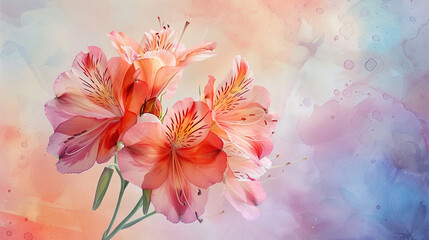 Fototapeta na wymiar Alstroemeria Flowers on Watercolor Background