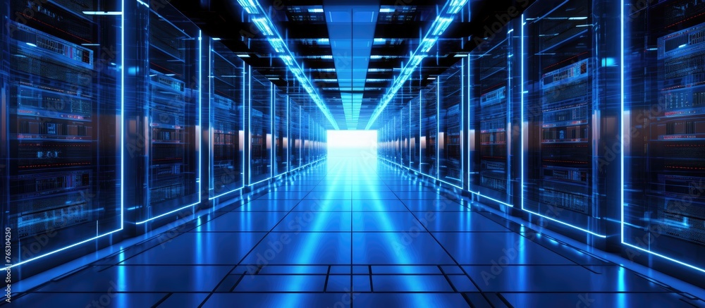 Poster the server room is filled with numerous servers arranged in parallel, with a bright electric blue li