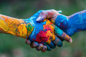 Close-up of interlocked hands painted with a globe symbolizing unity and diversity in volunteering for Volunteers Week - worldwide solidarity