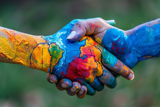 Close-up of interlocked hands painted with a globe symbolizing unity and diversity in volunteering for Volunteers Week - worldwide solidarity - Powered by Adobe