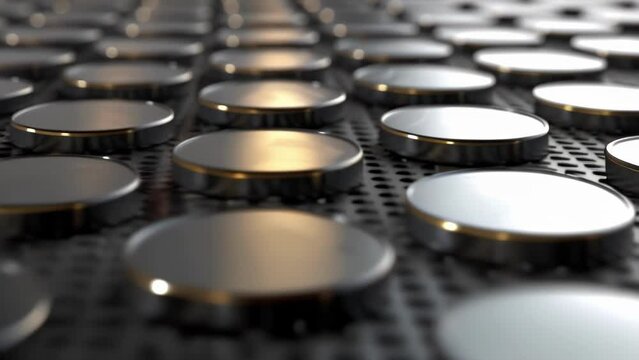A series of small piezoelectric discs are positioned in an organized pattern demonstrating the potential for these materials to be used in a modular and scalable way in sustainable