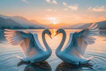 Two swans on the lake with sunset Nature Landscape Scenery