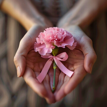 Cancer survivor holding a pink ribbon and carnation symbol of hope and strength