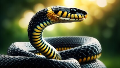 A snake with striking black and yellow skin elegantly bends against a blurred natural background - obrazy, fototapety, plakaty