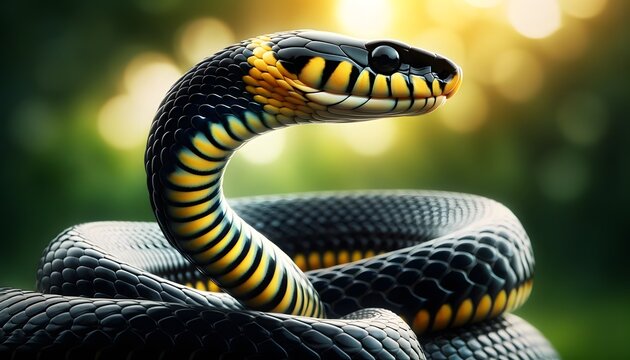 A snake with striking black and yellow skin elegantly bends against a blurred natural background