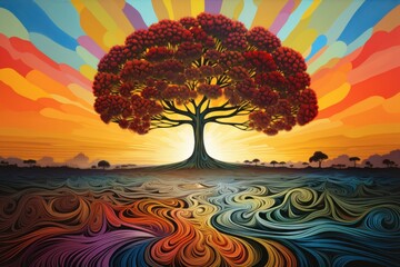 A lonely tree. Bright landscape, pop surrealism style. 