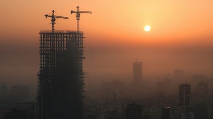 A tower top floors still under construction, its silhouette dominating the city skyline - obrazy, fototapety, plakaty